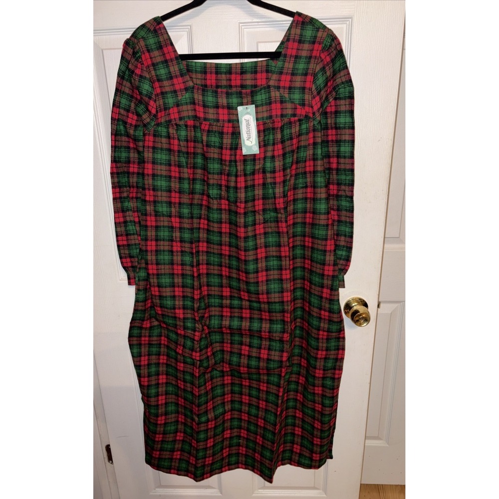 NWT National S Square Neck Cotton Flannel Gown Red & Green Scotch Plaid Holiday